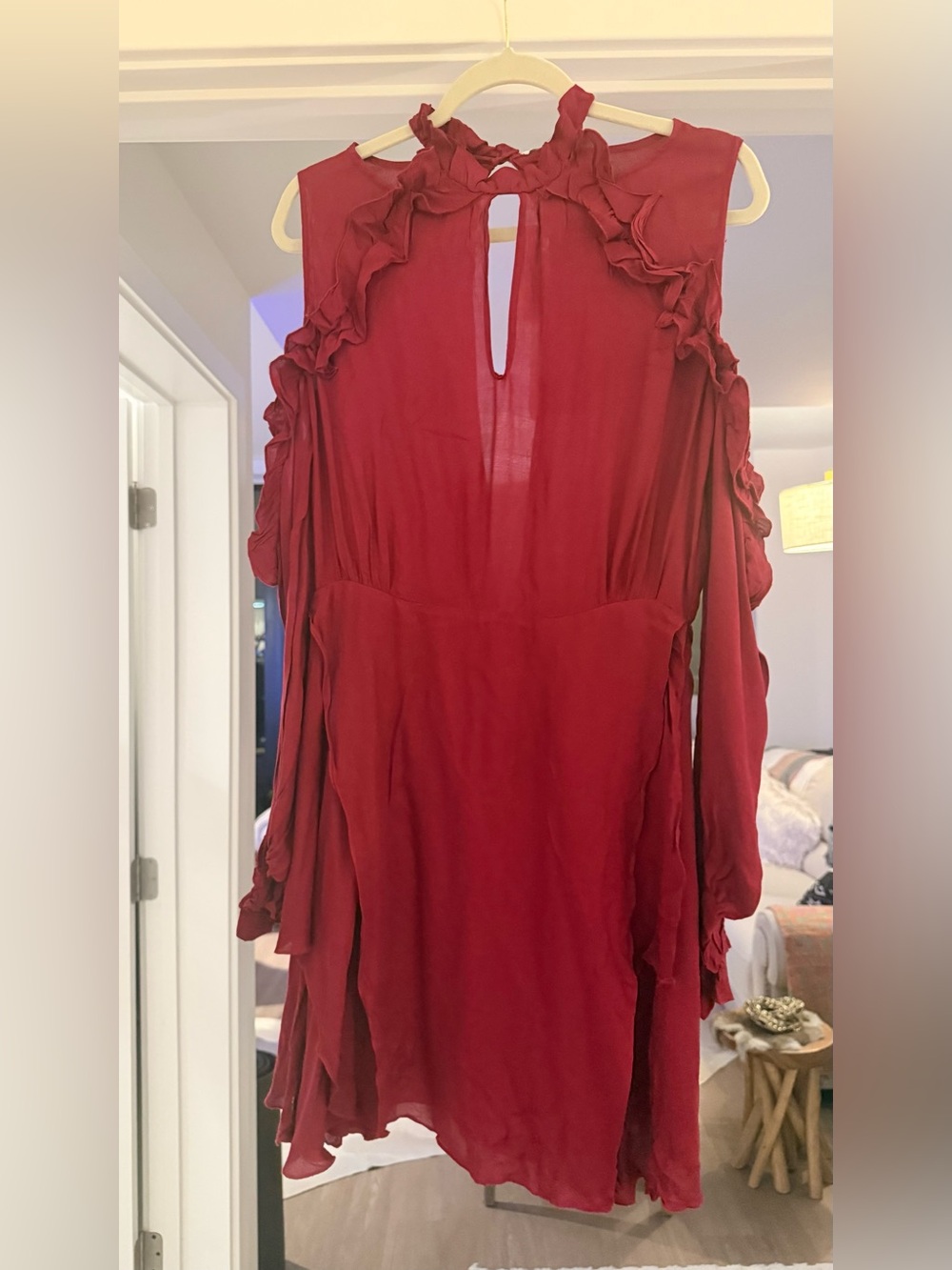 IRO Burgundy Ruffle Cold-Shoulder Mini Dress